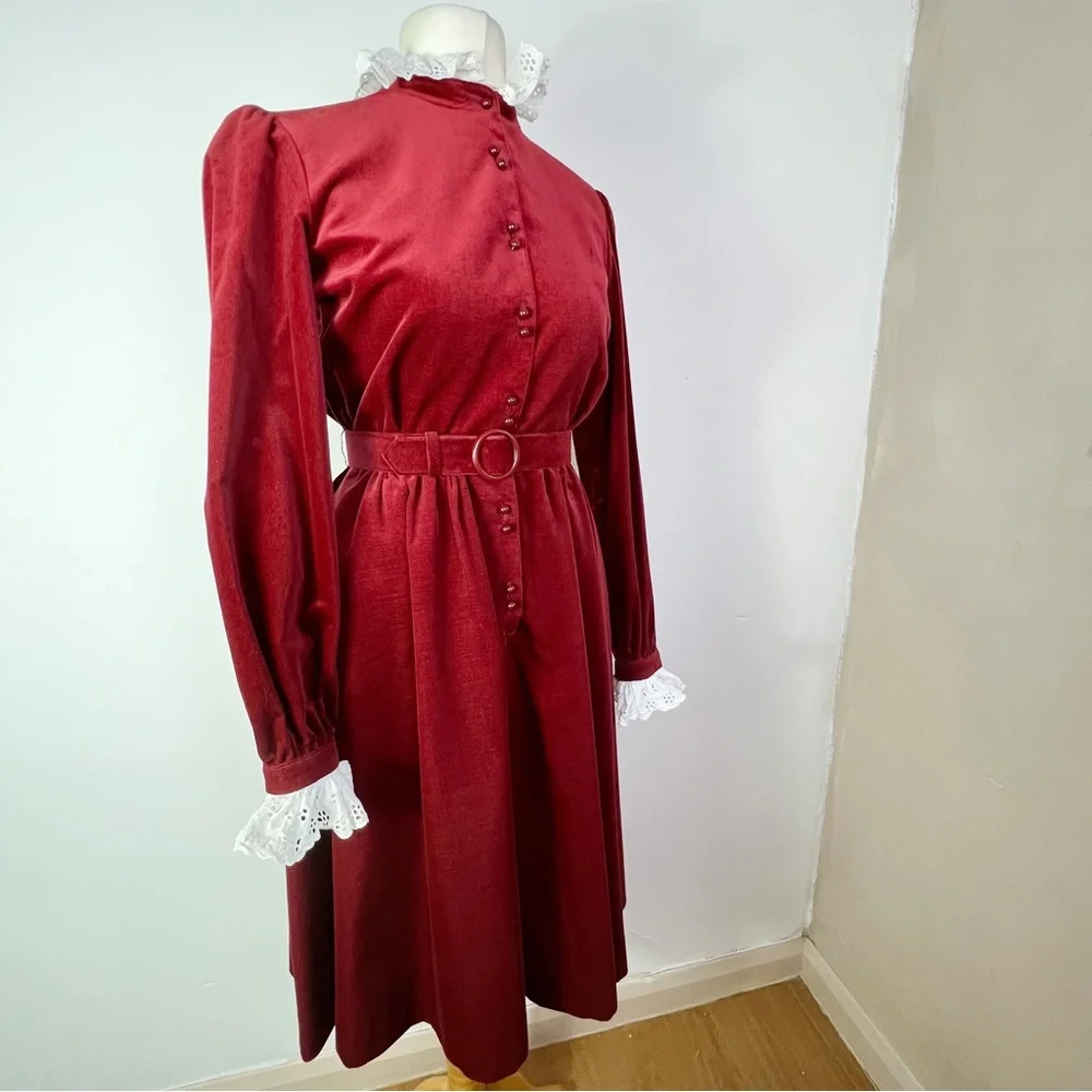 Vintage 70s/80s Jaeger Rust Red Cord Button Down Dress Lace Collar & Cuffs UK 10 - Picture 8 of 9